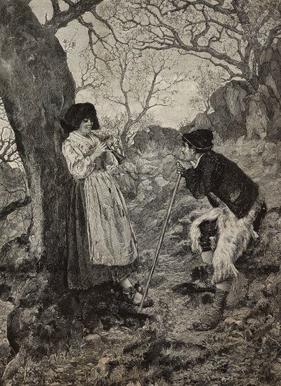 Idylle, herder luistert naar jonge vrouw die fluit speelt, gravure door G Sabattini naar aquarel van Enrico Nardi door Enrico Nardi