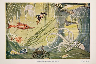 Ciuffettino op de zeebodem, illustratie uit Le Avventure di Ciuffettino door Enrico de Conti Novelli
