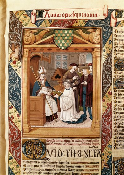 Sint Ambrosius (339-397), aartsbisschop van Milaan, presenteert zijn werken aan een familielid, uit de "Werken van Sint Ambrosius (vol.1)" door Enrique de Bellorto