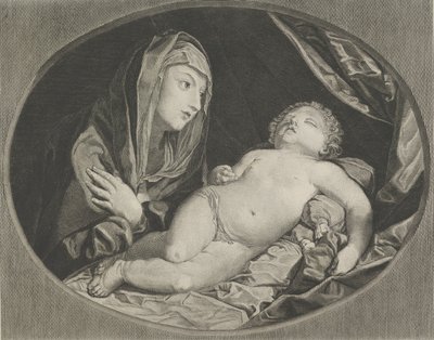De Maagd met gekruiste armen over haar borst kijkt naar het slapende kind Christus, 1770-1834 door Ephraim Gottlieb Krüger