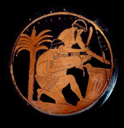 Griekse kunst: beker met rode figuren in keramiek, medaillon: offer van een varken op een altaar tijdens een religieus ritueel. Gemaakt door de schilder van Epidromos. 500 v.Chr. Parijs, Louvre Museum door Epidromos Painter