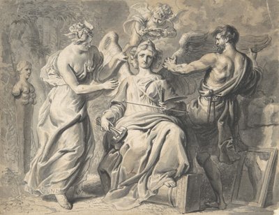 Een allegorie van de kunsten met Isis en geometrie die de driehoofdige figuur bijstaan, 17e eeuw door Erasmus Quellinus