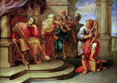 Saul luistert naar David die harp speelt door Erasmus Quellinus II