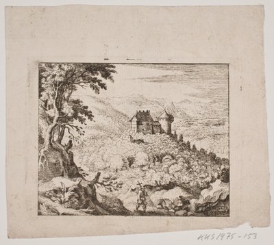 Bergachtig landschap met een kasteel en een wandelaar door Erasmus Sigismund Resch