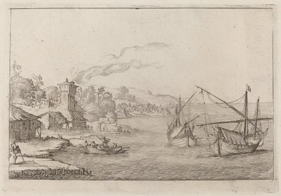 Kustlandschap met Geankerde Schepen door Ercole Bazicaluva