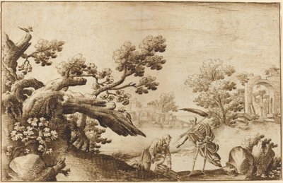De Dood en de Houthakker in een Kustlandschap met Ruïnes door Ercole Bazicaluva