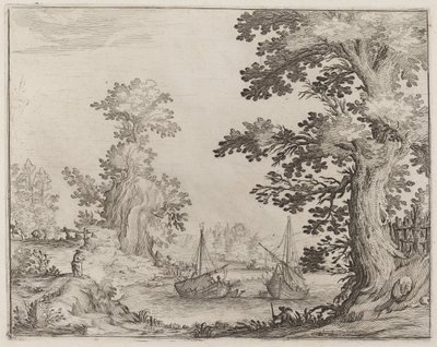 Landschap en Rivier met Geankerde Schepen door Ercole Bazicaluva