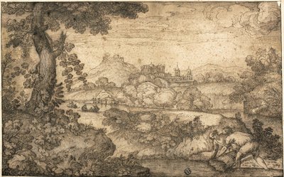 Landschap met figuren die tarwe binden op de voorgrond door Ercole Bazicaluva