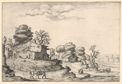 Landschap met boerderijen en een man die een paard leidt op de voorgrond door Ercole Bazicaluva