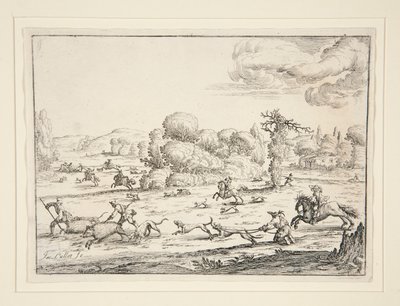 Jachtscène: Bij de Dood (naar een ontwerp van Jacques Callot) door Ercole Bazzicaluva