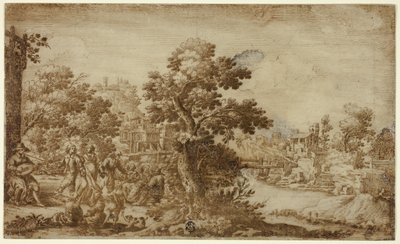 Landschap met dansers en muzikanten door Ercole Bazzicaluva