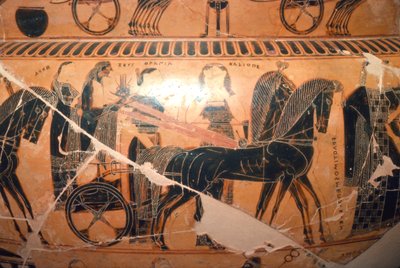 (detail) Zeus en Hera in een wagen met Kaliope van de Francois-vaas door Ergotimos