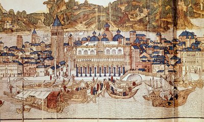 Uitzicht op Venetië (Dogenpaleis, San Marcoplein) (xylografie) door Erhard Reuwich