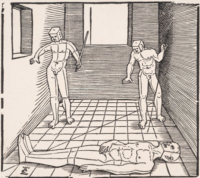 Drie mannelijke figuren in een kamer Uit: Unnderweissung der Proportzion door Erhard Schon