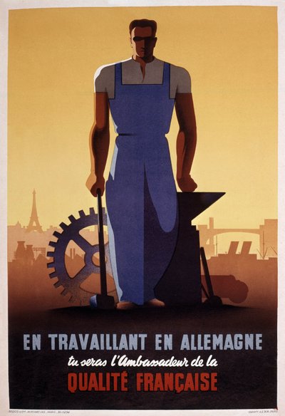 Franse propagandaposter voor STO (verplichte arbeidsorganisatie opgericht in 1943 tijdens de Duitse bezetting van Frankrijk) door Eric Castel