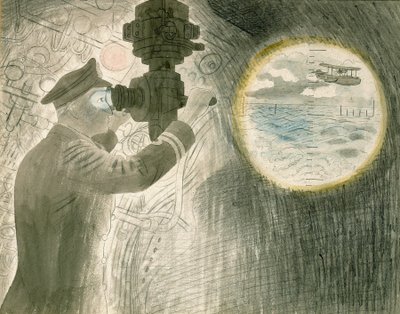 Een onderzeeër officier die door de periscoop kijkt door Eric Ravilious