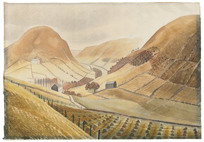 Korenstokken en boerderijen - Hill Farm, Capel-y-ffin, Wales door Eric Ravilious
