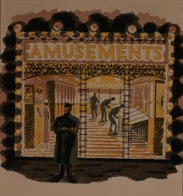 De amusementsarcade, gedrukt door de Curwen Press, uit 
