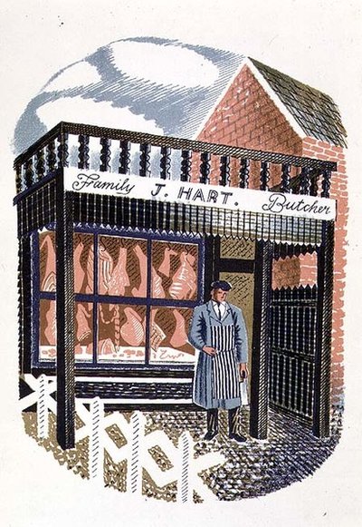 De Slagerij, gedrukt door de Curwen Press, uit High Street, door J.M. Richards, uitgegeven door Country Life, 1938 (set van 24) door Eric Ravilious