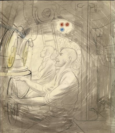 De duikbesturingskamer van een onderzeeër. Potloodserie door Eric Ravilious (1903-1942), aan boord van een onderzeeër tijdens de Tweede Wereldoorlog (1939-1945) door Eric Ravilious