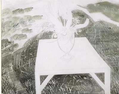 Vaas met bloemen in een tuin door Eric Ravilious