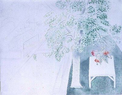 Vaas met klaprozen onder een boom door Eric Ravilious