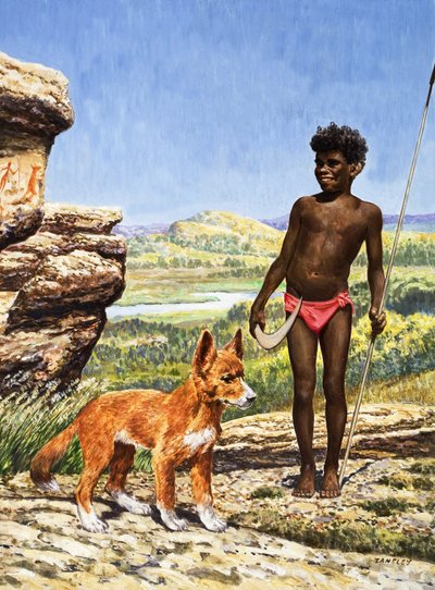 Aboriginal jongen met dingo (gouache op papier) door Eric Tansley
