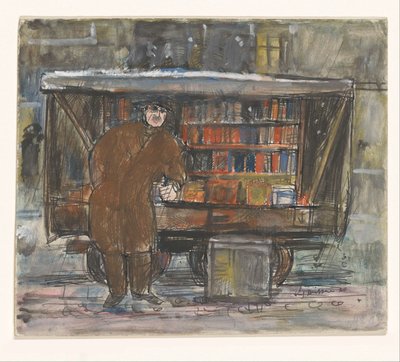Boekhandelaar voor zijn boekenkar door Erich Büttner (signed by artist)
