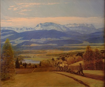 Boer aan het ploegen in Engadin door Erich Erler Samaden