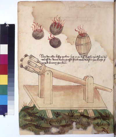 Volledige pagina: kanon, kanonskogels en kruitvat, met inscriptie, ca. 1430 (tekening met gekleurde pen) door Erich Lessing