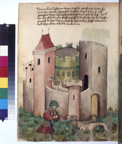 Volledige pagina: instructies voor het kalmeren van honden buiten een fort, ca. 1430 (tekening met gekleurde pen) door Erich Lessing