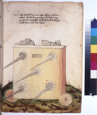 Volledige pagina: mobiele wacht, met speren en soldaten in harnas erachter, ca. 1430 (tekening met gekleurde pen) door Erich Lessing