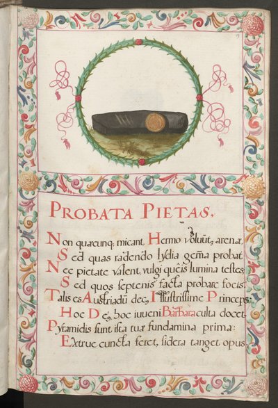 Volledige pagina: tekst met figuratief medaillon en decoratief kader door Erich Lessing