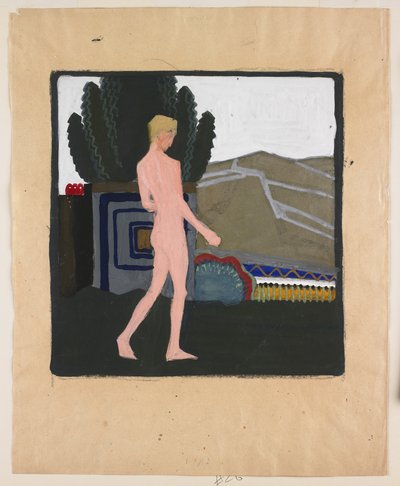 Staand mannelijk naakt in een landschap, ca. 1914 (gouache op papier) door Erich Mallina