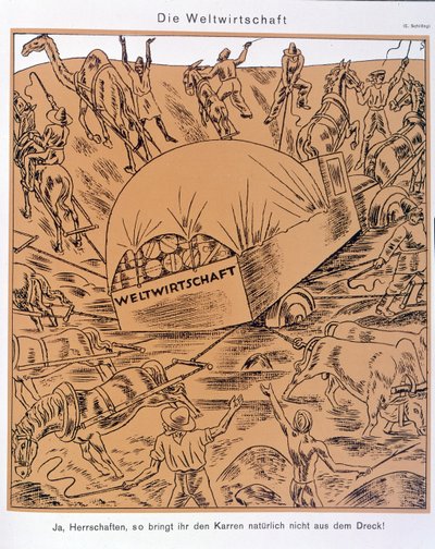 Satire over het thema van de wereldeconomie, Simplicissimus, ca. 1930 door Erich Schilling