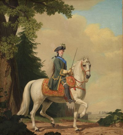 Ruiterportret van Catharina II 1729-1796 in Gardistenuniform op haar paard Brilliant, 1782 door Erichsen