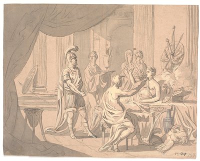 Antieke scène. Een voorname dame wordt versierd door andere dames voor een helmgedekte krijger door Erik Pauelsen