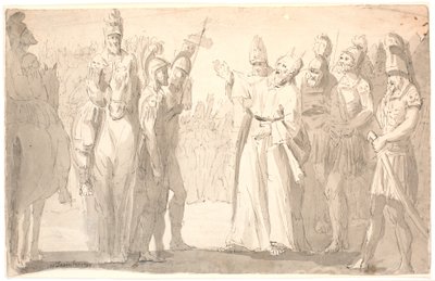 Figuratieve scène met een heilige, gehoornde man tussen Romeinse soldaten door Erik Pauelsen