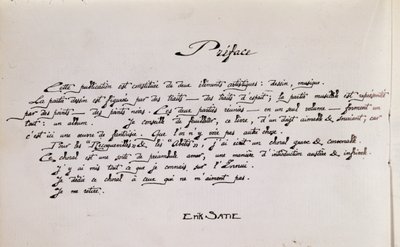Manuscript voorwoordpagina van bladmuziek met tekeningen door Erik Satie