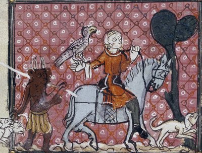 De zonde van wereldse ijdelheden: een ruiter met zijn valk en hond wordt benaderd door een duivel. Een van een set die de verleidingen illustreert, uit gedichten van Matfre Ermengau, ca. 1300-1320 door Ermengaut Matfre