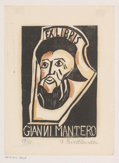 Ex libris van Gianni Mantero door Erna Levy Friedländer (signed by artist)