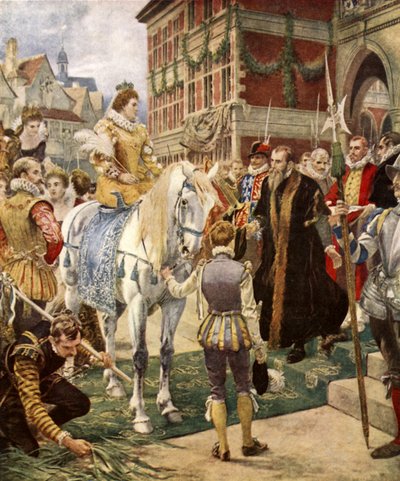 Koningin Elizabeth opent de Royal Exchange (kleur litho) door Ernest (after) Crofts