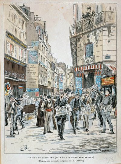 Frankrijk, Parijs, Krantenverkoper in rue du Croissant op de hoek van rue du Faubourg Montmartre in Parijs door Ernest Grenier door Ernest (after) Grenier