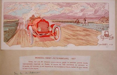 Arthur Duray in zijn Lorraine-Dietrich wint de Moskou-St.Petersburg rally in 1907, ca. 1910 door Ernest (after) Montaut