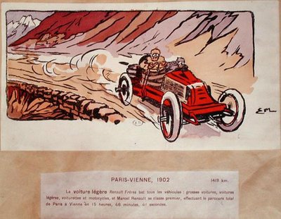 Marcel Renault (1872-1903) in zijn Renault Freres tijdens de Parijs-Wenen rally in 1902, c.1910 door Ernest (after) Montaut