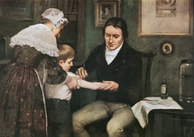 Dr. Edward Jenner (1749-1823) voert zijn eerste vaccinatie tegen pokken uit op James Phipps, een jongen van acht, 14 mei door Ernest Board