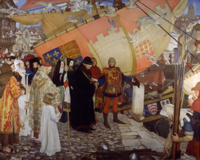 Het vertrek van John en Sebastian Cabot op hun eerste ontdekkingsreis door Ernest Board