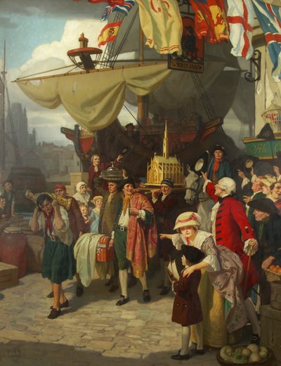 Het lossen van twee veroverde Spaanse schatboten in Bristol in september 1745 door Ernest Board