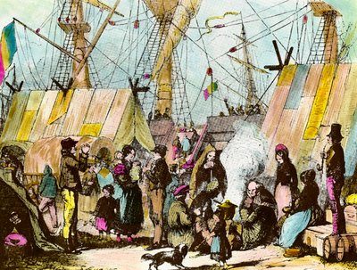 Families van emigranten gekampeerd in de haven van Le Havre. Gravure door Ernest Charton (1813-1905) Gravure van de 19e eeuw Privécollectie door Ernest Charton