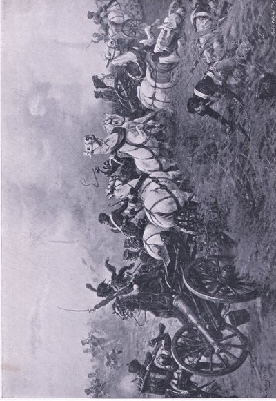 Inname van de Franse batterij door het 52e Oxfordshire Light Infantry Regiment bij Waterloo 18 juni 1815, illustratie uit Britse gevechten op land en zee, 1915 door Ernest Crofts